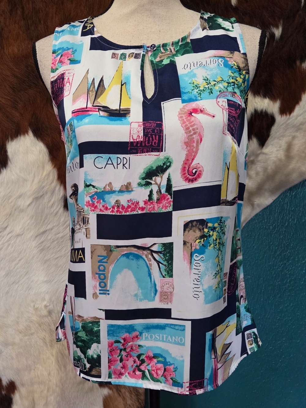 Talbots Multicolor Nautical Scenic Print Sleeveless Blouse
